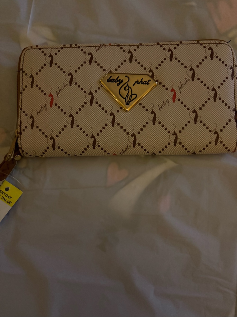 Baby Phat Beige Monogram Zip Wallet with Gold Emblem